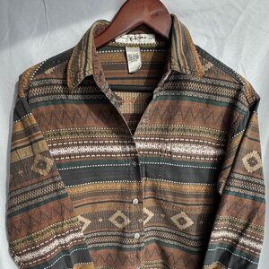 Vintage Kikomo Southwestern Print Button Up Shirt Cotton Boho Tribal Pattern Lar